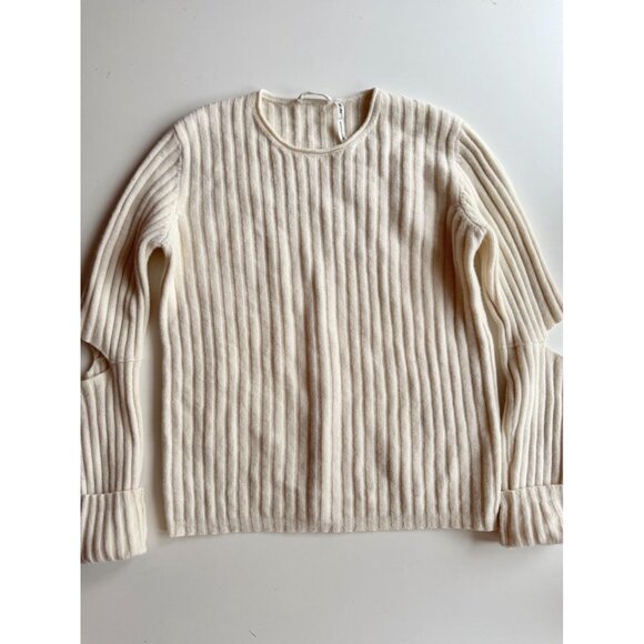HELMUT LANG Re-Edition Ivory 100% Wool Ribbed Knit Cut-Out Elbow Sweater, Size M - Picture 4 of 16